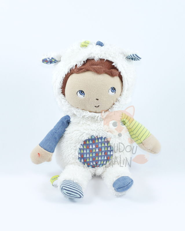   baby comforter doll gaston sheep white bleu 